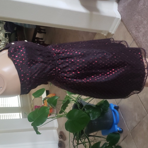 Alice xs strapless mesh overlay shiny red embroidered dot pattern smocked back - Picture 8 of 10